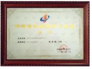 Certificate of Small and Medium - sized Enterprises of Science and Technology in Henan Province